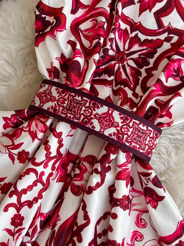 Summer Women Lapel Single Breasted Brand Designer Vintage Print Sleeveless Tank Runway Party Dresses with Belt