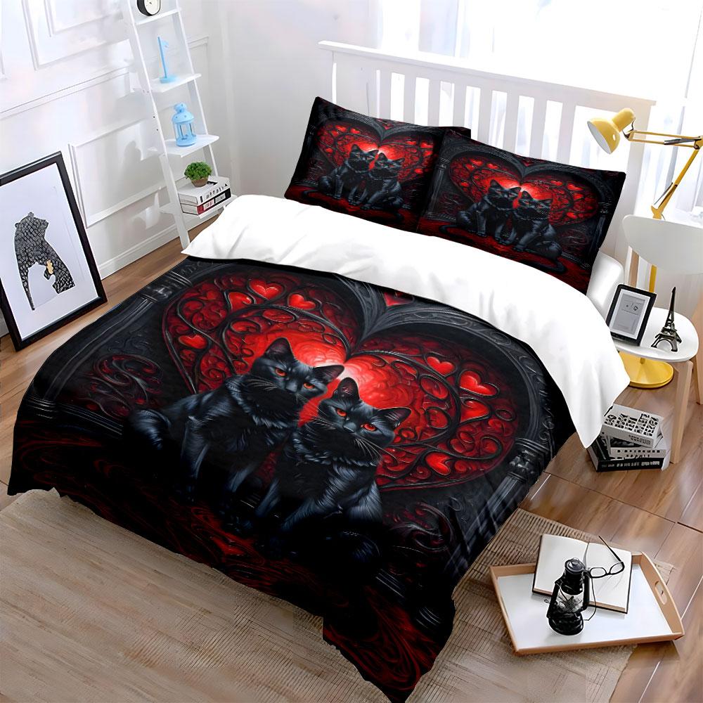 Black Cats with Gothic Hearts Bedding Duvet Cover Set  (1*Duvet Cover 2*Pillowcases, without duvet insert)