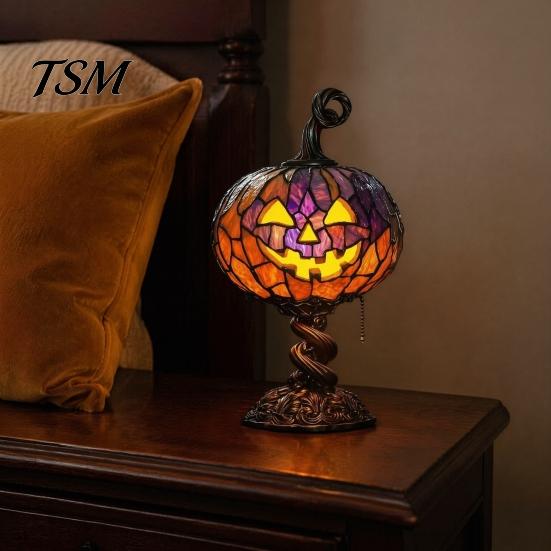Gothic Home Decor Stained Glass Halloween Pumpkin Table Lamp, USB Powered Resin Night Light with Warm Glow, Desktop Decorative Ornament for