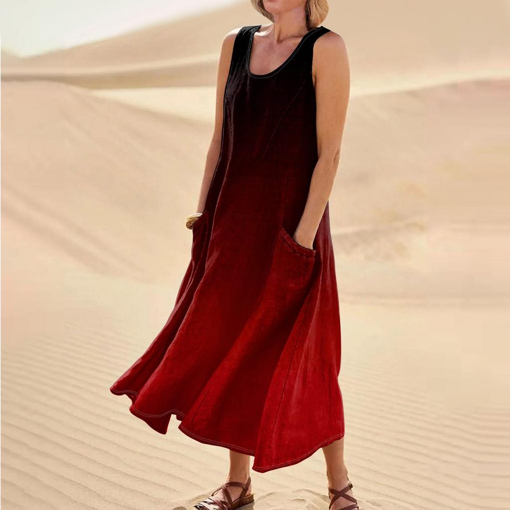 Женское летнее повседневное модное платье без рукавов с круглым вырезом и карманом в стиле ретро
