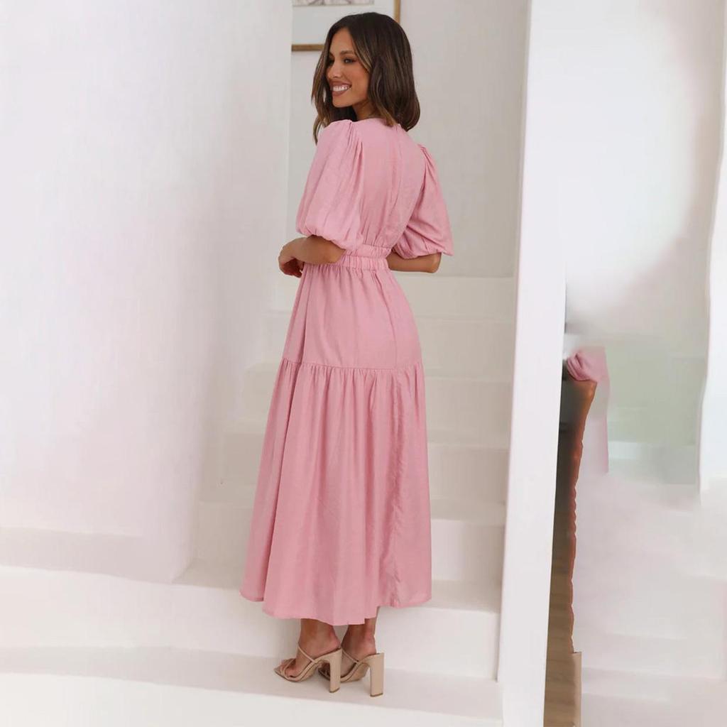 Solid Women Spring Short Color Puff Sleeve Dress Summer Casual Vneck High Waist Anklelength Dresses Sxl