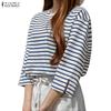 Women Casual Round Neck 3/4 Sleeve Loose Stripe Blouse
