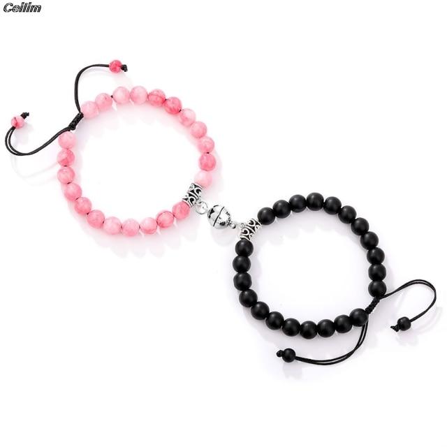 2pcs /Set Heart Shaped Magnet Attraction Couple Bracelet Natural Stone Distance Paired Bracelet Charm Jewelry Valentine Gift