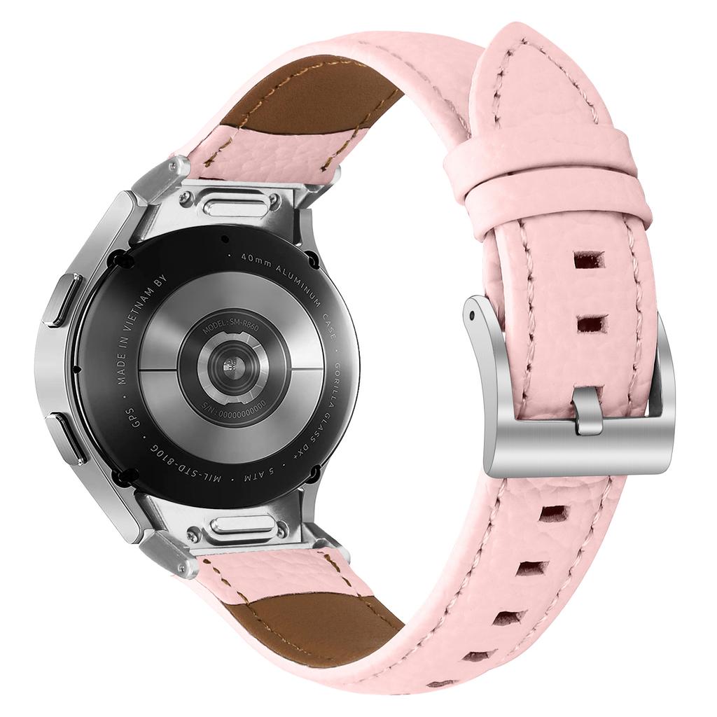 Genuine Cow Leather Strap with Connector for Samsung Galaxy Watch FE 40mm/Watch7/Watch6/Watch 5/Watch4 Litchi Texture Silver Buckle Watch Band