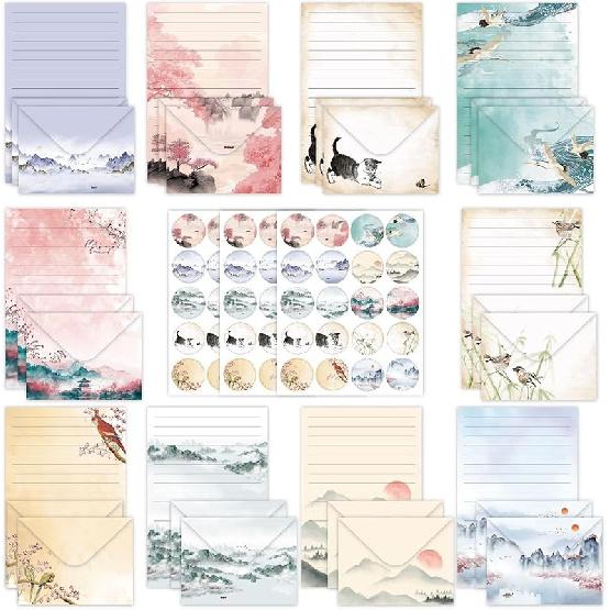 37 Pcs Stationery Paper Envelopes Set Includes 24 Lined Writing Paper & 12 Envelopes with 48 Round Stickers, Cute Bear Flower Cat Letter Writing and