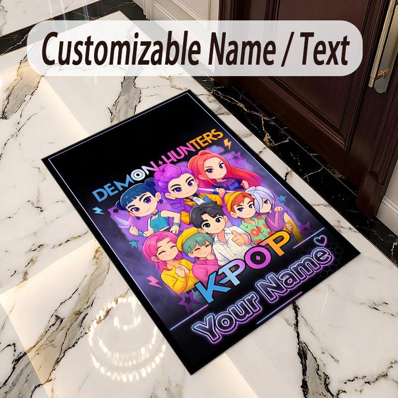 Crystal Velvet Rug Kpop Demon Hunters Print Custom Name Text Floor Mat Home Decor