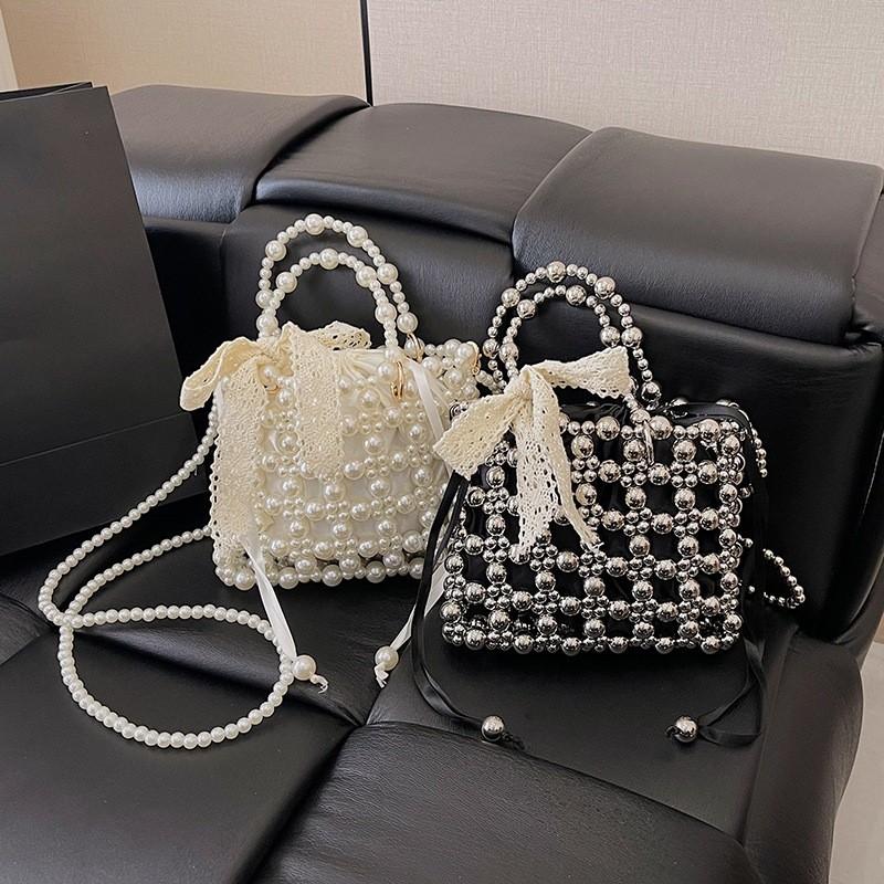 Pearl Woven Mini Shoulder Bag For Summer Elegant Women Pvc Jewelry Detailing
