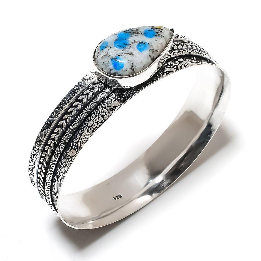 K2 Голубой Азурит Драгоценный камень 925 Стерлинговое серебро Манжета Браслет 7,5"