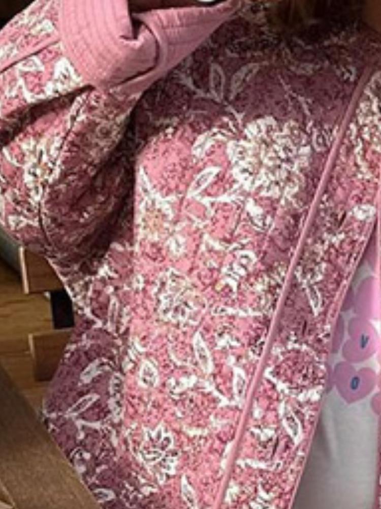 Осень Зима Мода Женская Повседневная Верхняя Одежда Винтажная Корейская Куртка с Длинным Рукавом Цветочный Принт Утепленное Хлопковое Пальто Стеганое Стойка Воротник Свободный