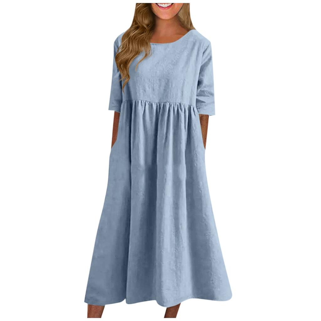 Women's Summer Solid Color Round Neck Half Sleeve  Casual Long Solid Color Dress
