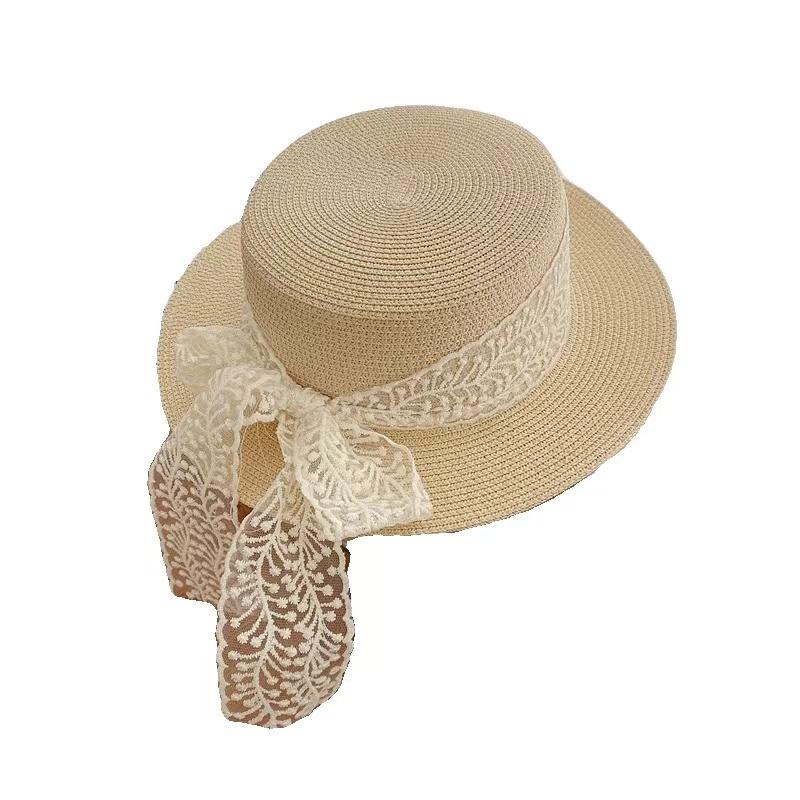 Pastoral Style Fashionable Versatile Flat Top Lace Sun Hat Woven Straw Sun Hat for Outings Sun Protection Large Brim