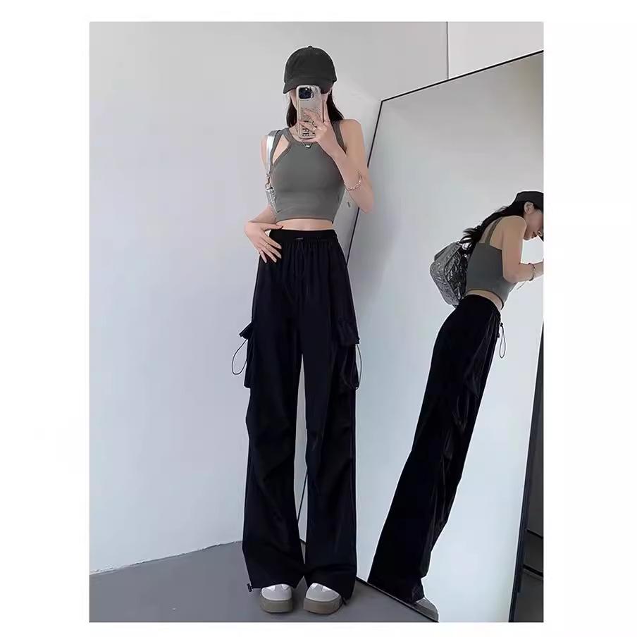 Женские маленькие черные быстросохнущие брюки прямого кроя с широкими штанинами, повседневные летние спортивные брюки 2024