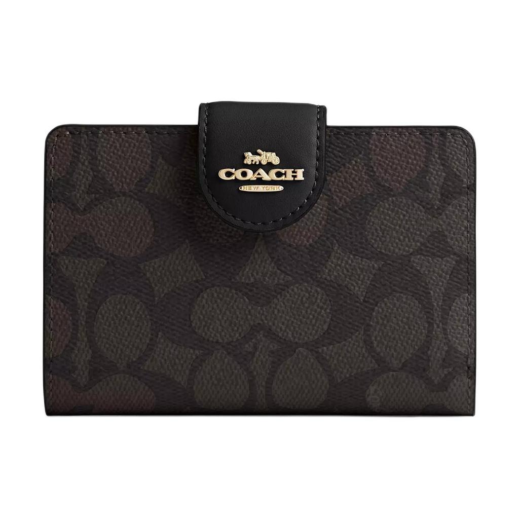 New COACH SignatureCanvas High Quality Leather Wallet Medium Size Women's Walnut Wood With Black Accents CW786-IMXAQ