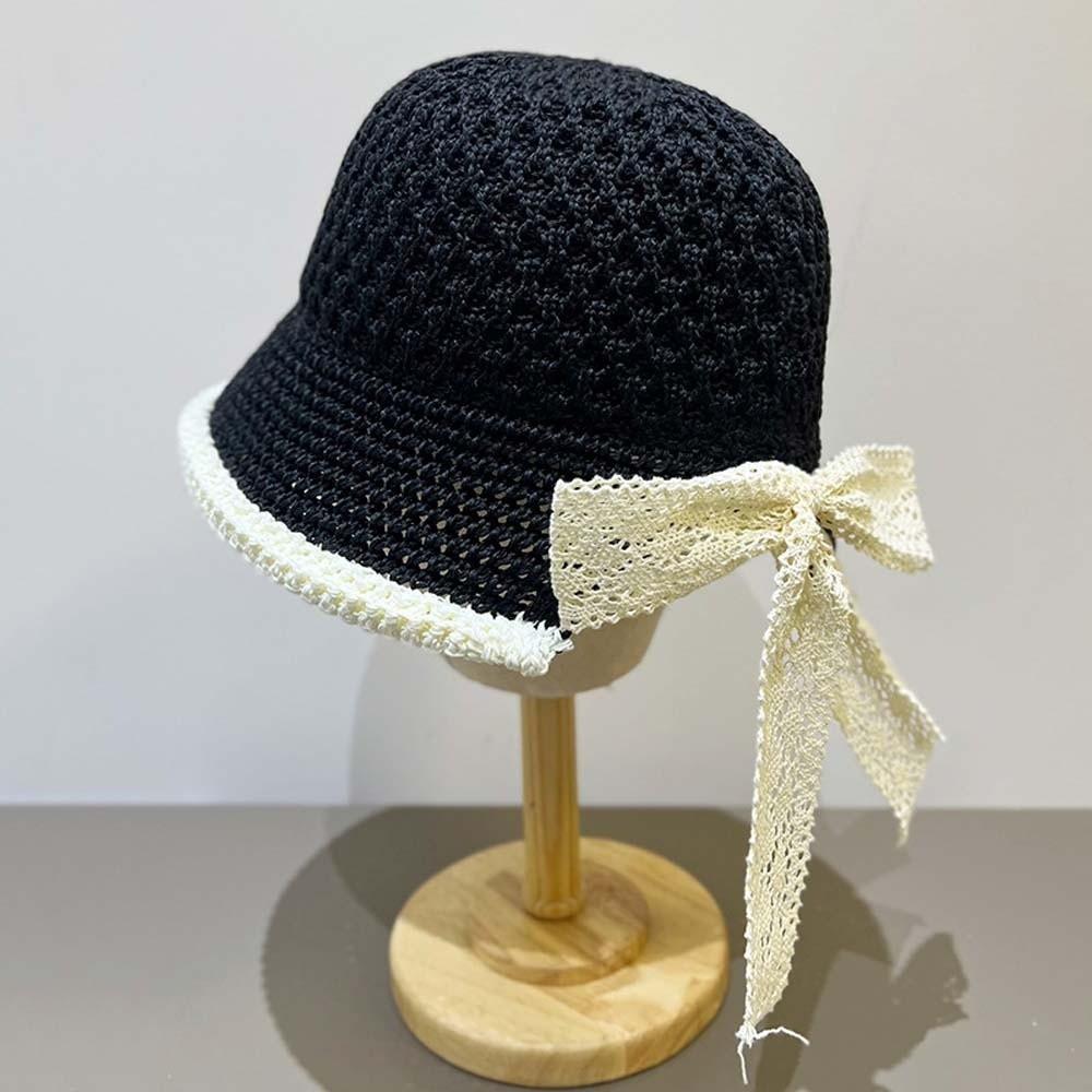Temperament Knitted Bucket Hat Hollow Out French Style Bow Fisherman Hat Breathable Solid Color Sun Protection Cap Outdoor