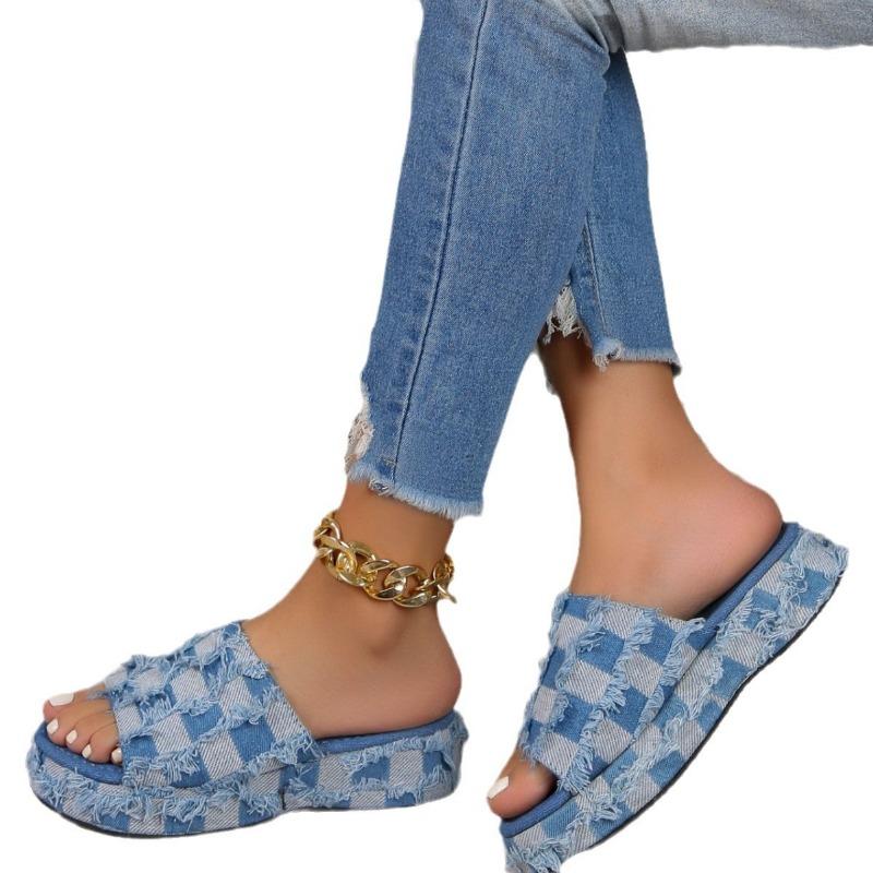 Женская обувь лето новая платформа на танкетке нищий пляжная одежда джинсовые тапочки большой размер женщины