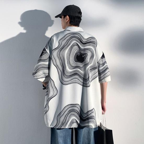 Летняя мужская рубашка в стиле ретро с абстрактным принтом и половиной рукавов в стиле хип-хоп, свободный контрастный цвет, однобортный отложной воротник, быстросохнущий мягкий дышащий топ