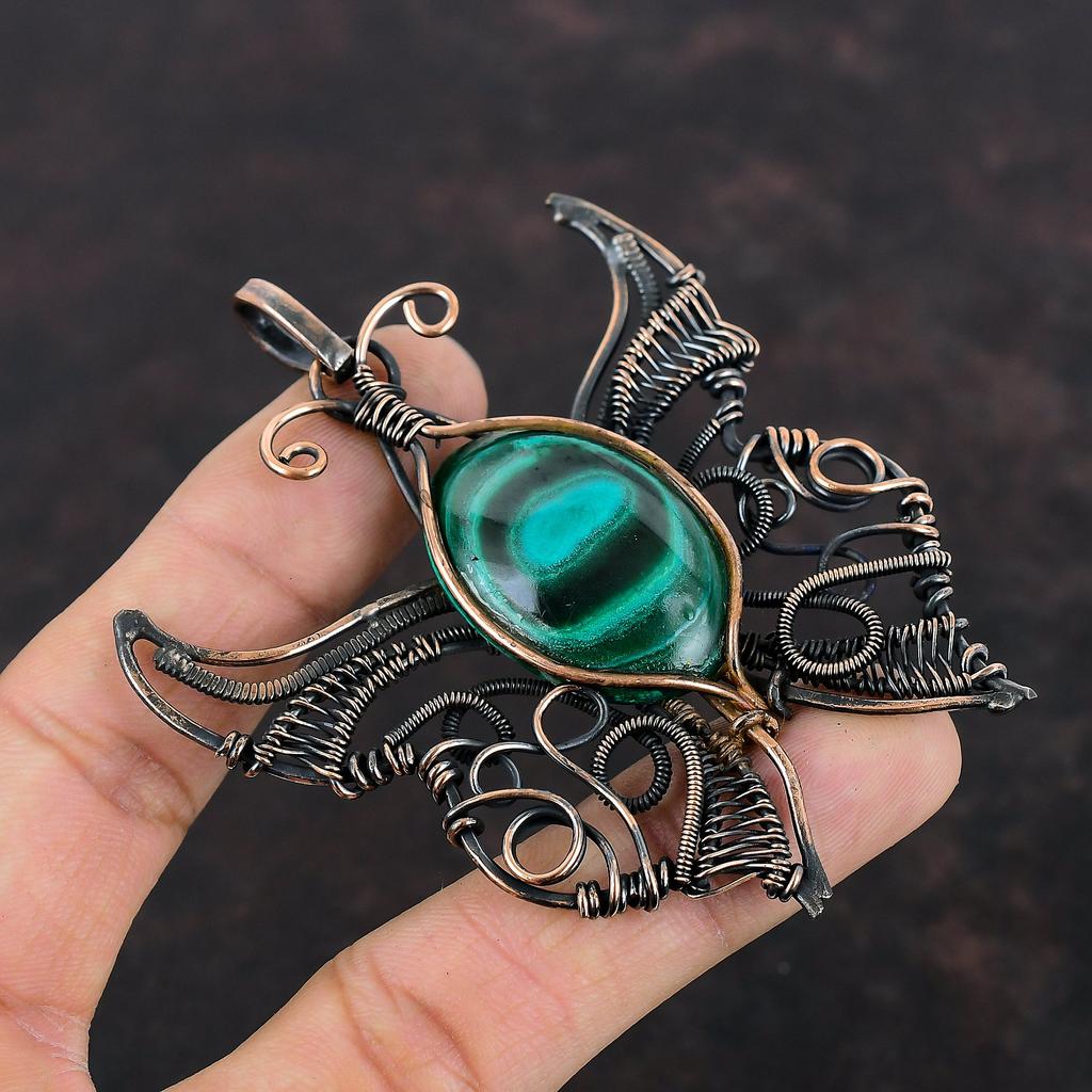 Malachite Copper Pendant Copper Wire Wrapped Jewelry Natural Gemstone Pendant Handmade Wire Wrap Pendant Butterfly Jewelry Anniversary Gifts