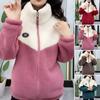 Women's Fuzzy Fleece Jacket Zip Up Stand Collar Sherpa Coat Fall Winter Color Block Warm Outerwear with Pockets