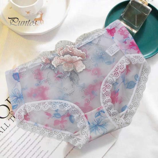 Underpants Women Panties Rose Embroidery Flower Print Mid Waist Stretch Briefs See-through Lace Sexy Ladies Underwear Daily Wear