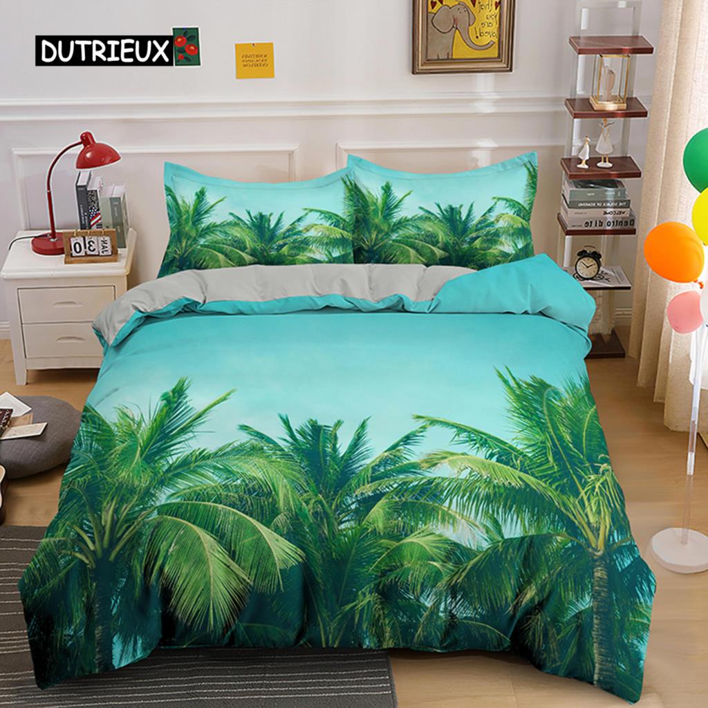 Тропические Ботанические Листья King Size Queen Size Пододеяльник Зеленые Пальмовые Листья Премиум Полиэстер Комплект Постельного Белья для Детей Подростков Взрослых с Наволочкой