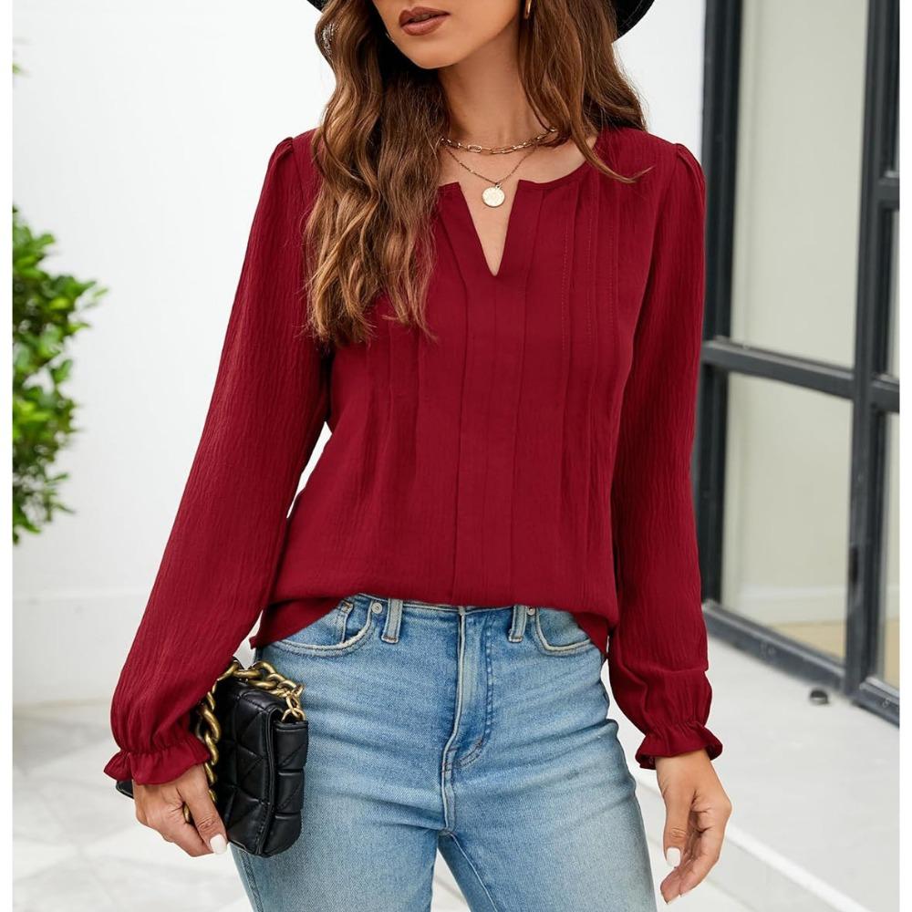 Женская повседневная однотонная блузка весна-лето с V-образным вырезом, однотонная шифоновая рубашка с длинным рукавом