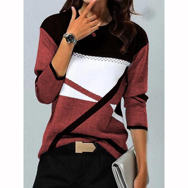 Women Winter Blouses T Shirt Geometric Contrast Long Full Sleeve Print Loose Women Shirts Spring Autumn Elegant