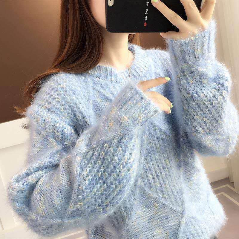 Women's Round Neck Sweater Autumn/winter Korean Version Pullover Loose and Lazy Base Knit Sweater Top Sweater Winter