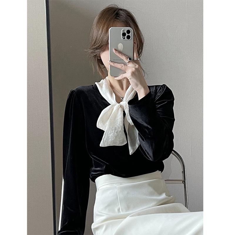 Оранжевая бархатная блузка в винтажном французском стиле от Zhi для женщин - Коллекция Осень 2024