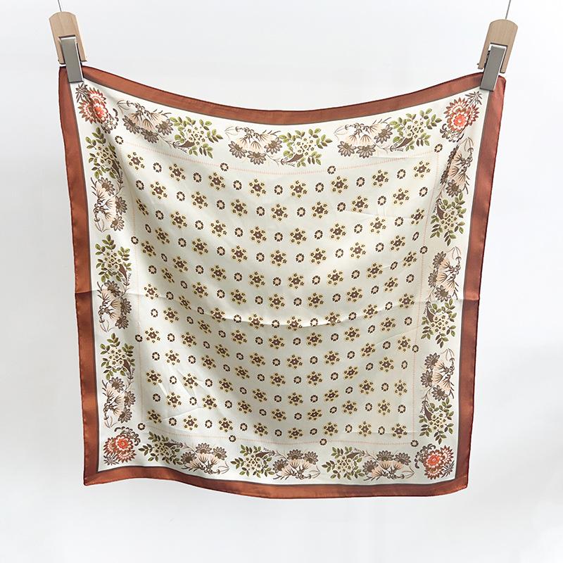 Korean design retro rhombus flower small silk scarf summer ins versatile thin breathable square scarf decorative scarf scarf