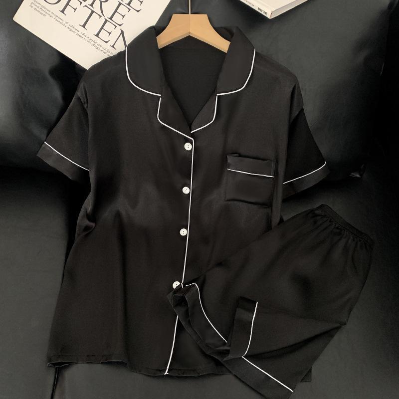 Solid Color Ice Silk Pajamas Women'S Summer Thin Foreign Style High-Value Short-Sleeved Loungewear Two-Piece Set Can Be Worn Outside