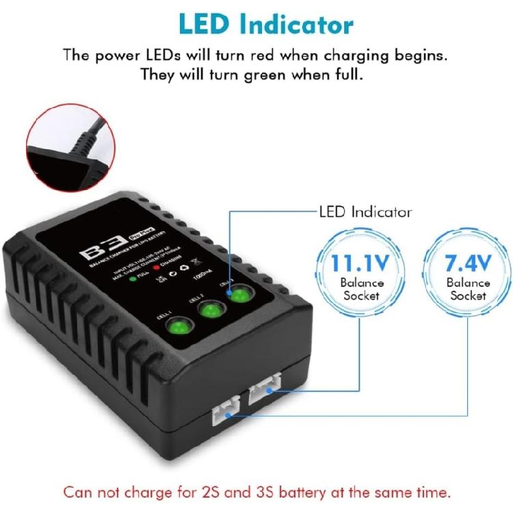 Efficient Lithium Battery Charger 2S 3S Compatibility Separate Balance Port Prolongs Battery Service Black Design