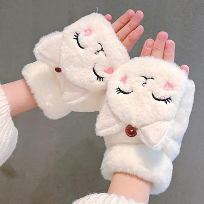 Милые варежки с кошачьим мехом, женские зимние перчатки для женщин и девочек, флип-плюшевые перчатки с ушками животных, утепленные теплые варежки без пальцев