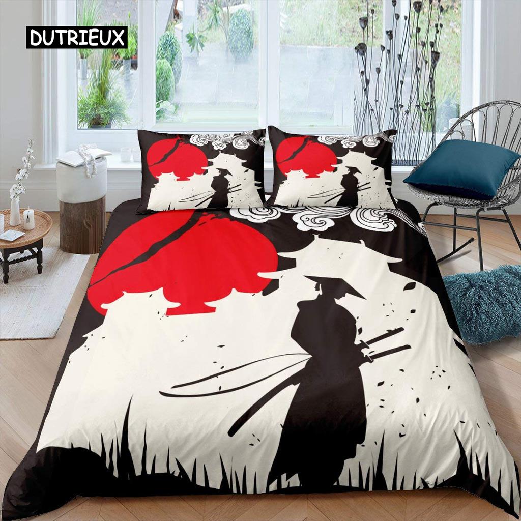 Samurai Duvet Cover Set Sunset Japanese Samurai Quilt Cover Scenery Silhouette Comforter Cover King Size 2/3pcs Twin Bedding Set