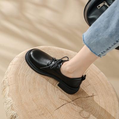 Новая женская кожаная обувь с квадратным носком, повседневная шнуровка, четырехсезонная женская обувь, черные туфли на низком каблуке, туфли на квадратном каблуке