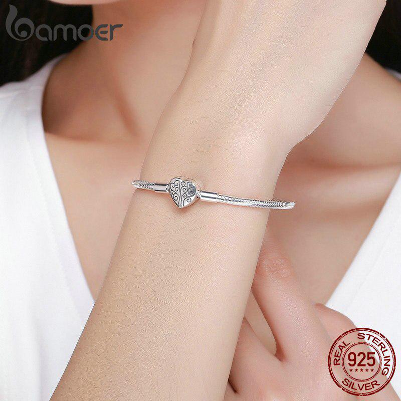 BAMOER 100% 925 Sterling Silver Spring Tree of Life Heart Shape Clasp Snake Chain Bracelet
