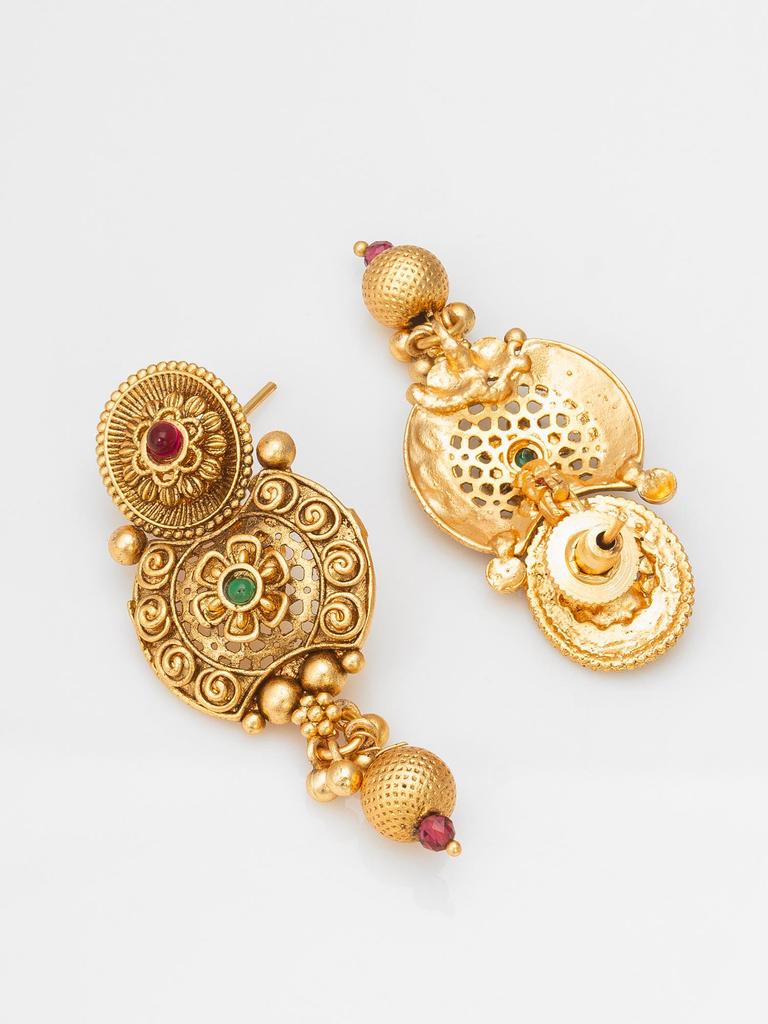 Gold-Plated White Stone-Studded & Beaded Temple Jewellery Set