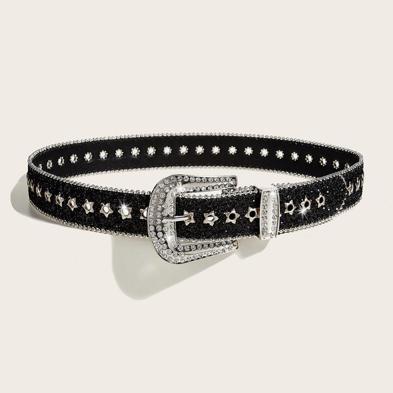 Y2K Women Fashion Solid Print Studded Full Rhinestone Belt Pu Leather Bling Crystal Adjustable Glitter Waistband For Club Party