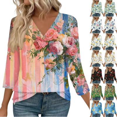Женские топы с рукавами 3/4 и V-образным вырезом, повседневные туники, базовые рубашки, блузки свободного кроя