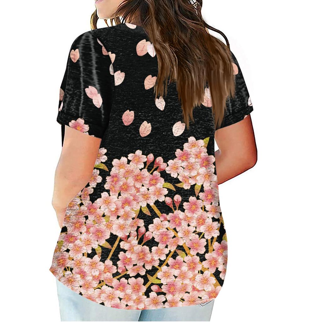 Women's Large T-shirt Summer Casual Print V-neck Short Sleeve Pocket Top