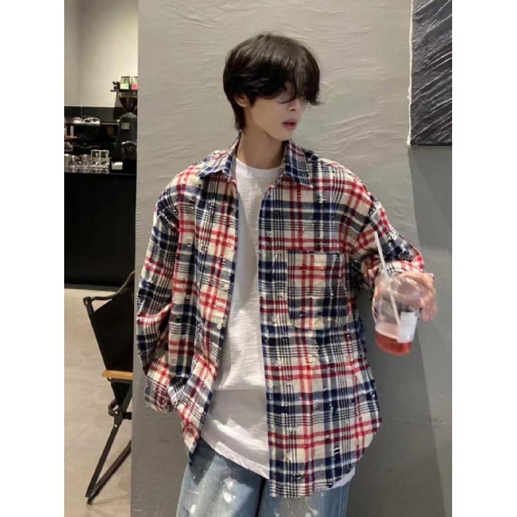2024 Plaid Long Sleeve Shirt Japanese Hong Kong Style Ins Loose Shirt Boys Summer Trendy Versatile Casual Coat