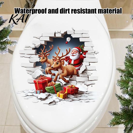 Funny Gift for Christmas Santa Claus Toilet Sticker, Elk And Box Print, 3D Waterproof PVC Wall Clings Decal, Removable Sticker Bathroom Festive Decals