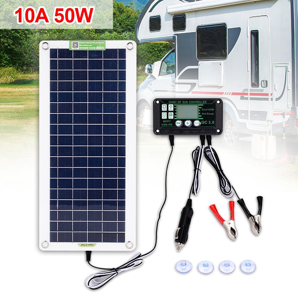 50W Solar Panel Kit 12V USB Charging Solar Cell Board Controller Portable Waterproof Solar Car Lighter For Phone RV Car Charge