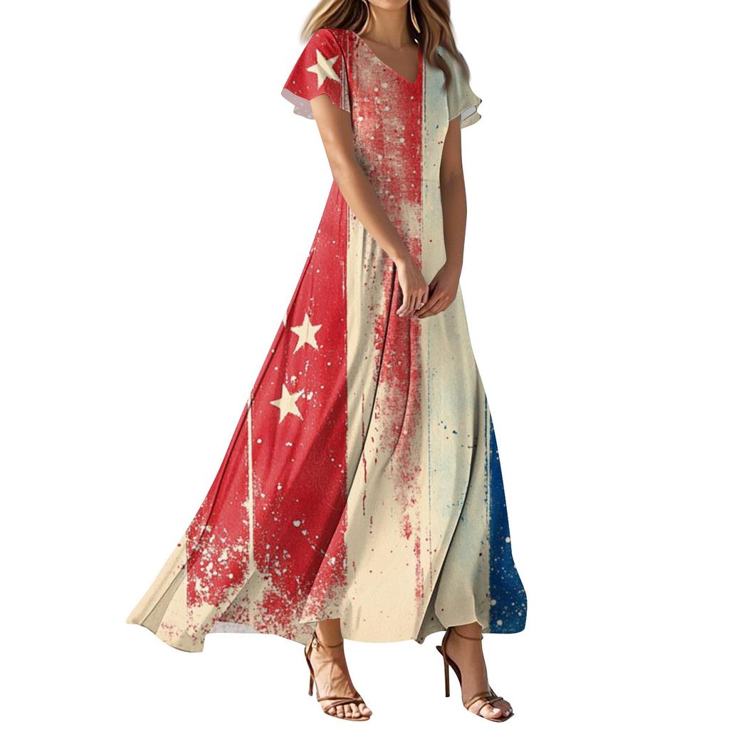 Женские летние повседневные модные платья с принтом ко Дню независимости, платья с коротким рукавом и V-образным вырезом