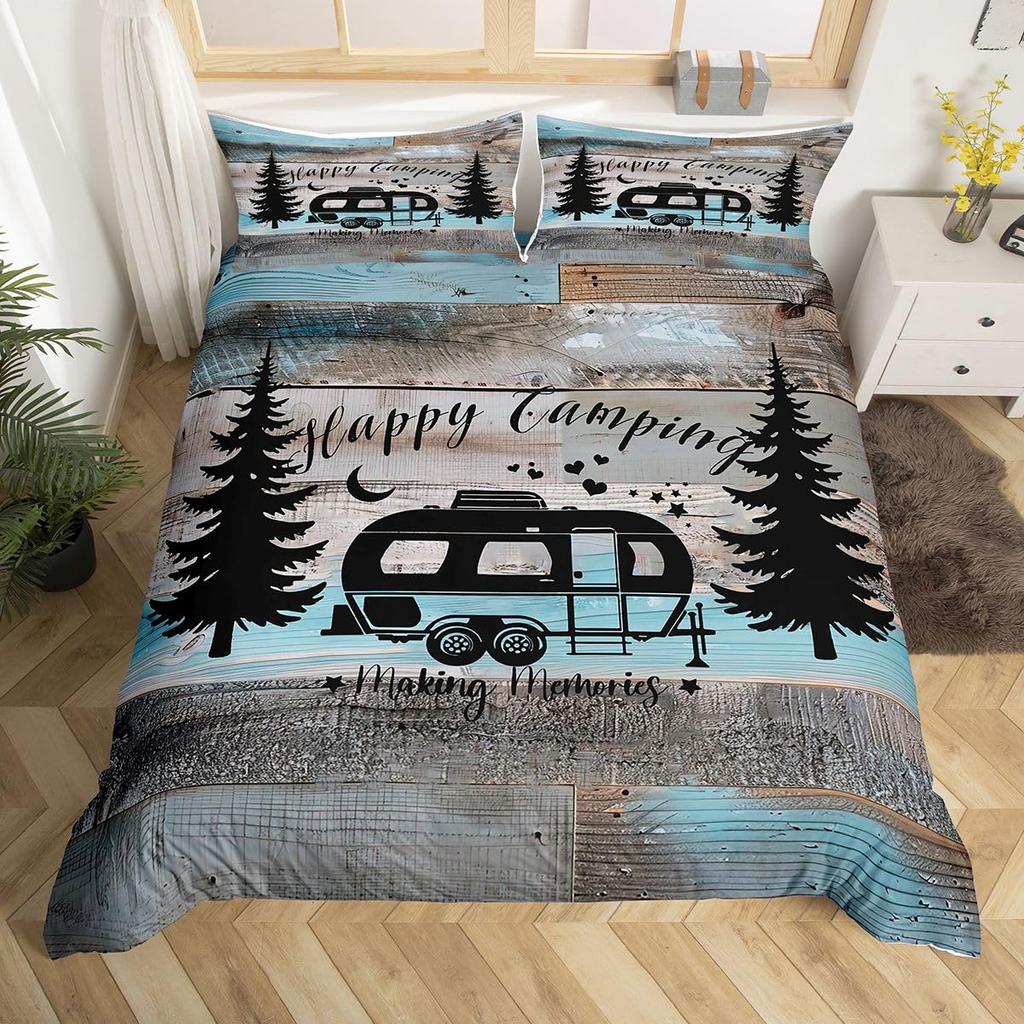Erosebridal Rustic Farmhouse Bedding - Happy Camping Duvet Cover for Boys Kids Teens, Black Sketch Drawing Comforter Cover Vintage Old Barn