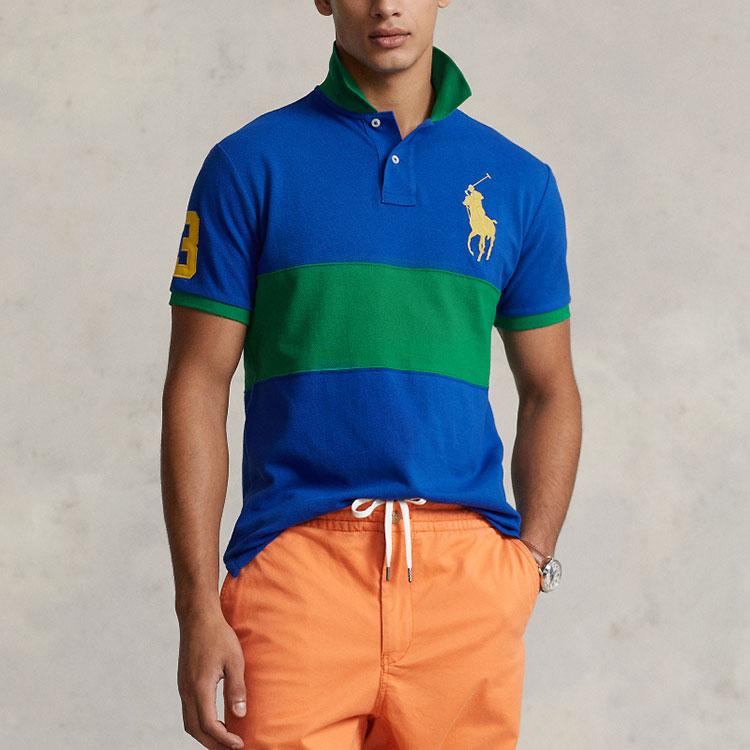 Polo Ralph Lauren Ss23 Широкая полосатая хлопковая рубашка поло с коротким рукавом с логотипом для мужчин, сине-зеленая MNPOKNI1N822155-401
