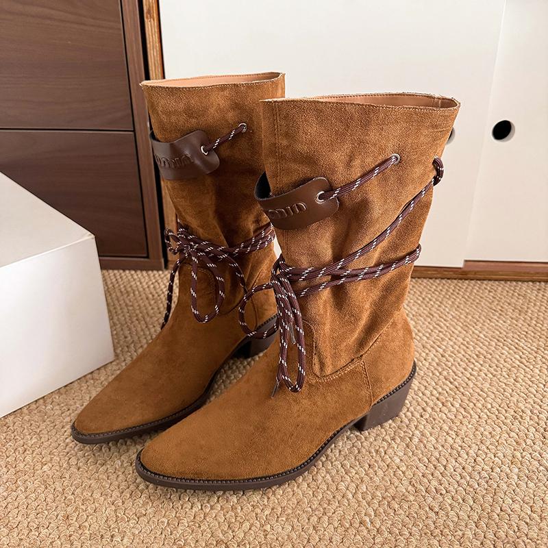 Модные осенне-зимние женские ботинки-вестерны на толстом каблуке 2025, сексуальные полусапоги с острым носком, женские сапоги для верховой езды из искусственной замши, на молнии