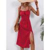 2025 Лето Сексуальное Платье На Бретельках Женщин Мода Горошек Принт Без Рукавов Разрез Платье Бохо Повседневные Пляжные Платья Миди