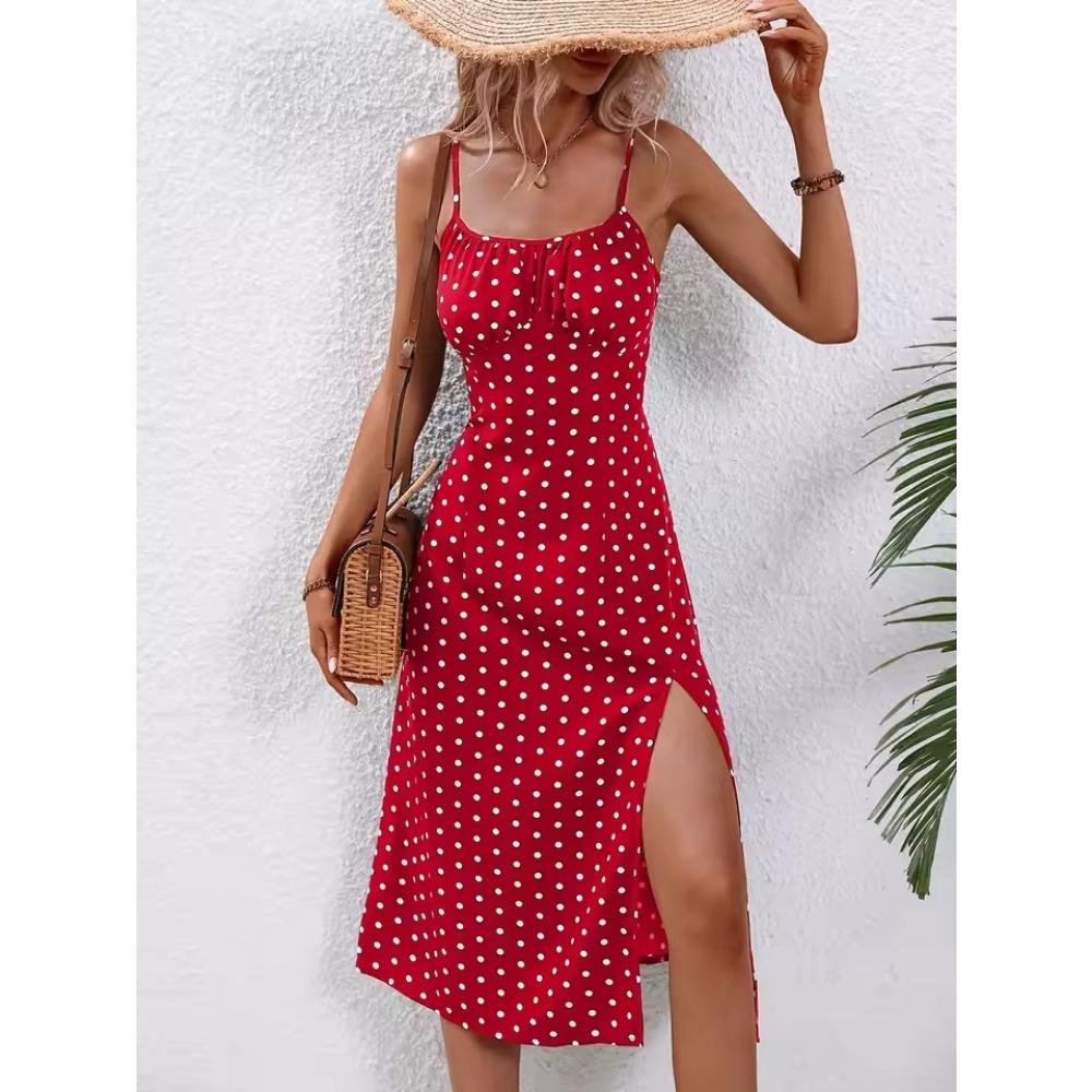 Платье-миди в стиле бохо без рукавов в горошек с тонкими бретельками и разрезом для пляжа и лета