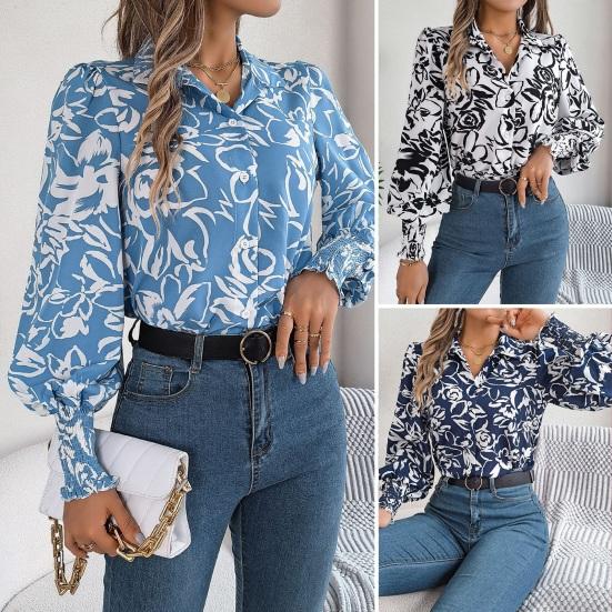 Women Shirt Lapel Lantern Long Sleeve Elastic Cuffs Casual Tops Single Breasted Flower