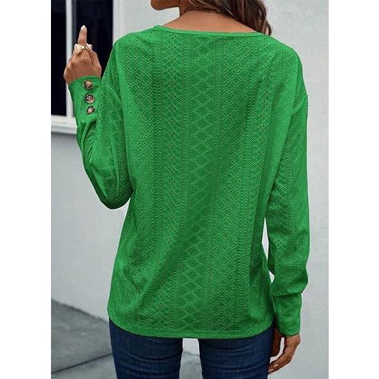 GMXIA Женская модная повседневная рубашка с V-образным вырезом и длинным рукавом, на пуговицах, с ажурной кружевной вышивкой